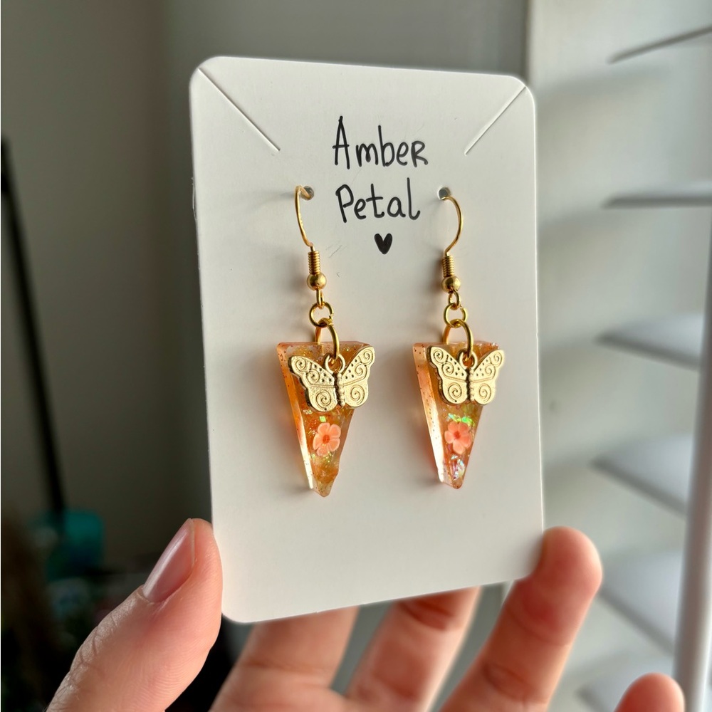Amber Petal Resin Earrings, Butterfly, Floral Earrings Jewelry Handmade Gift